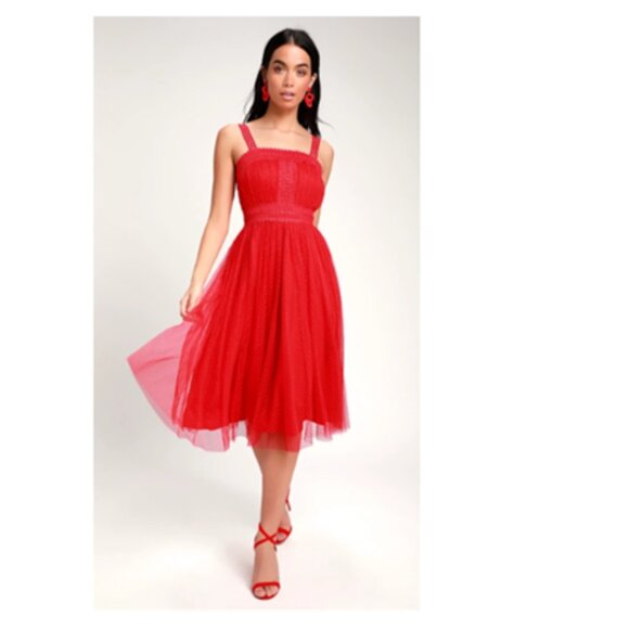 LuLu's Mesh Midi Dress Swiss Dot Lace Crochet Chiffon Overlay - Picture 1 of 16